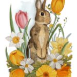A brown bunny standing upright amongst a bunch of orange and pink flowers