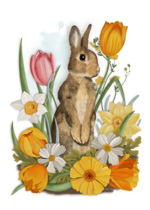A brown bunny standing upright amongst a bunch of orange and pink flowers