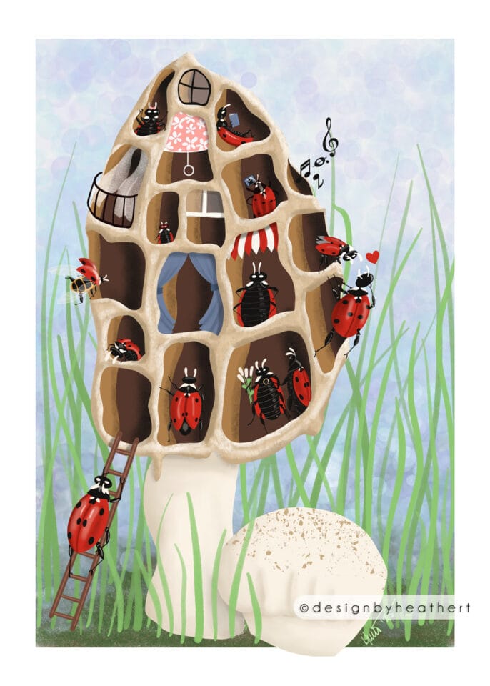 A morel apartment building filled with ladybugs and gentbugs going about their daily activities by heathert