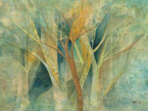 A very soft painted piece emphasizing the triangles between tree trunks and branches as they overlap each other. Muted tones of green, deep teal, and sienna.
