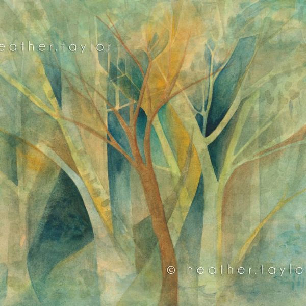 A very soft painted piece emphasizing the triangles between tree trunks and branches as they overlap each other. Muted tones of green, deep teal, and sienna.