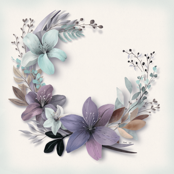 A three quarter wreath of flowers and botanicals in muted tones of purple, teal, and soft browns.